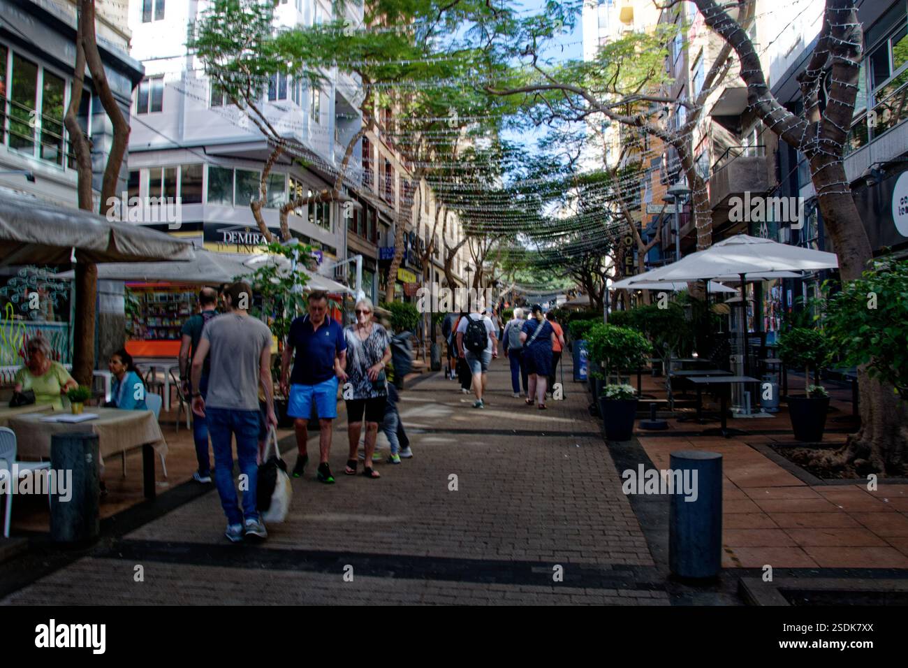 Scene di strada a Santa Cruz de Tenerife con negozi e gente Foto Stock