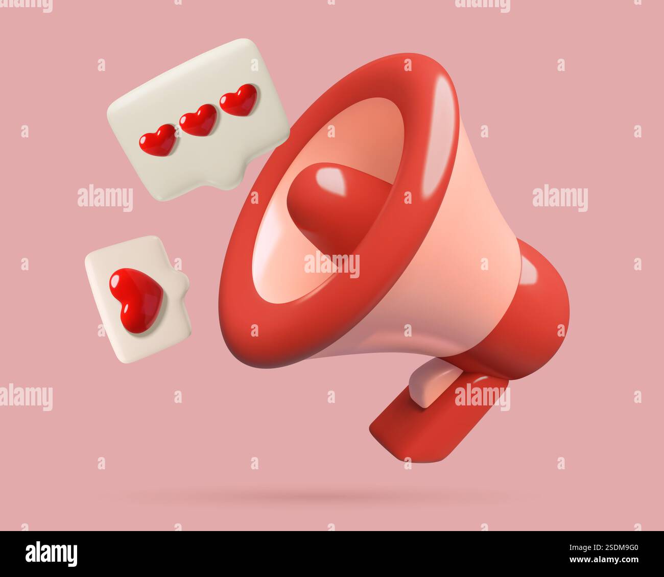 icona di annuncio 3d con un altoparlante rosso con bolle e cuori Illustrazione Vettoriale
