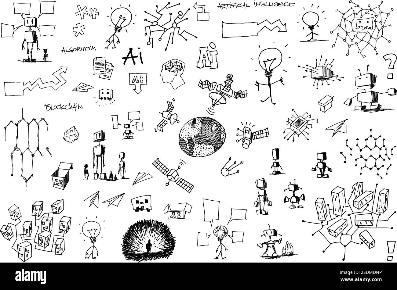 schizzi architettonici disegnati a mano di argomenti e robot di intelligenza artificiale e argomenti futuri e scientifici, apprendimento automatico e circuiti Illustrazione Vettoriale