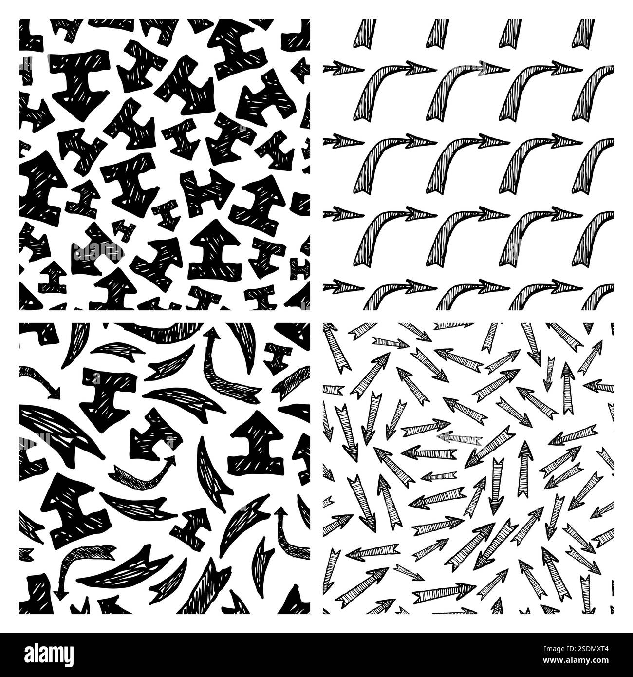 Motivo senza cuciture con frecce nere disegnate a mano. Set di quattro sfondi astratti creativi. Illustrazione vettoriale Illustrazione Vettoriale