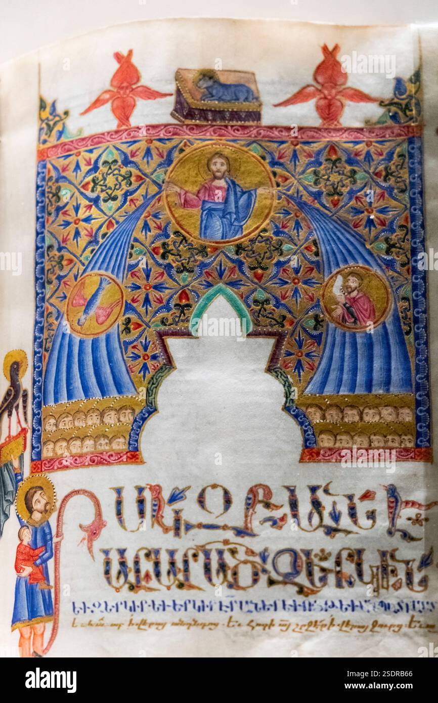 Manoscritto miniato armeno , XVII secolo, Costantinopoli, Fondazione Calouste Gulbenkian, ('Fundação Calouste Gulbenkian'), Lisbona, Portogallo. Foto Stock