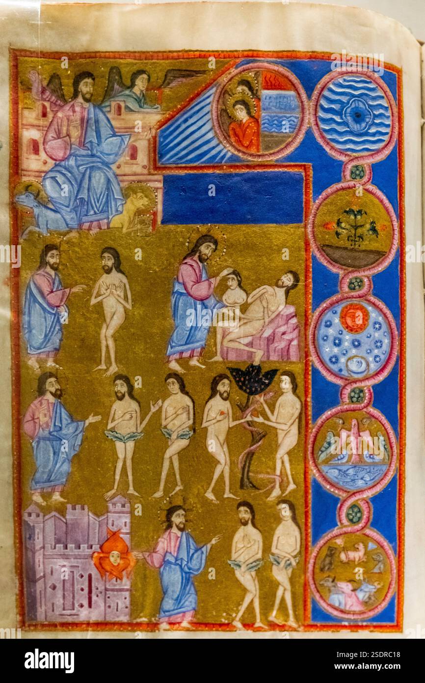 Manoscritto miniato armeno , XVII secolo, Costantinopoli, Fondazione Calouste Gulbenkian, ('Fundação Calouste Gulbenkian'), Lisbona, Portogallo. Foto Stock