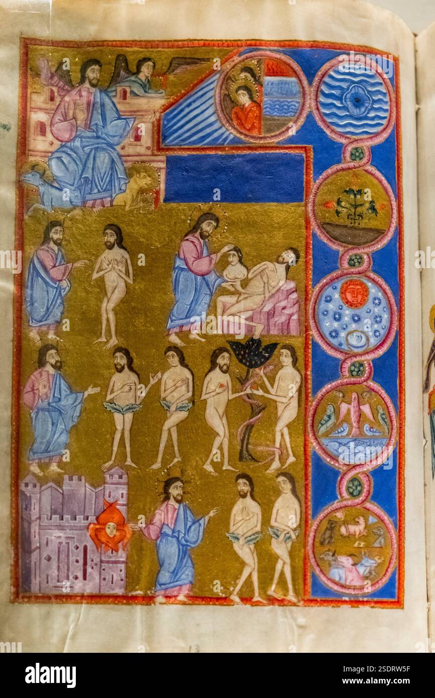 Manoscritto miniato armeno , XVII secolo, Costantinopoli, Fondazione Calouste Gulbenkian, ('Fundação Calouste Gulbenkian'), Lisbona, Portogallo. Foto Stock