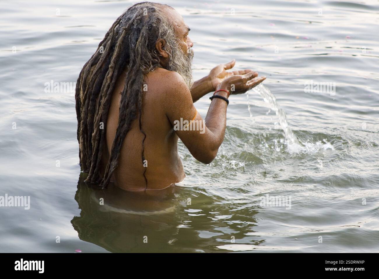 santa indù naga baba Shivdasgiri che offre acqua a dio durante il bagno a Varanasi sul fiume Ganga, Uttar Pradesh, India MR#707A Foto Stock