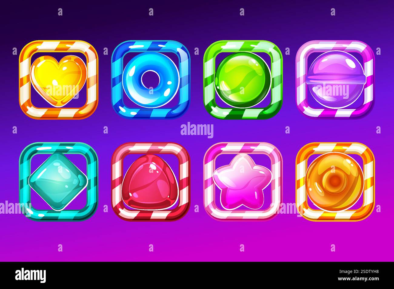 Set di icone delle app di caramelle, tasti quadrati dell'interfaccia di gioco, interfaccia del menu lecca-lecca-lecca-lecca-lecca-cartoni, blocchi colorati con strisce. Elementi di progettazione grafica GUI per l'utente Illustrazione Vettoriale