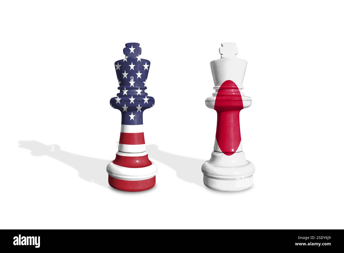 Scacchi fatti da bandiere statunitensi e giapponesi su sfondo bianco Foto Stock