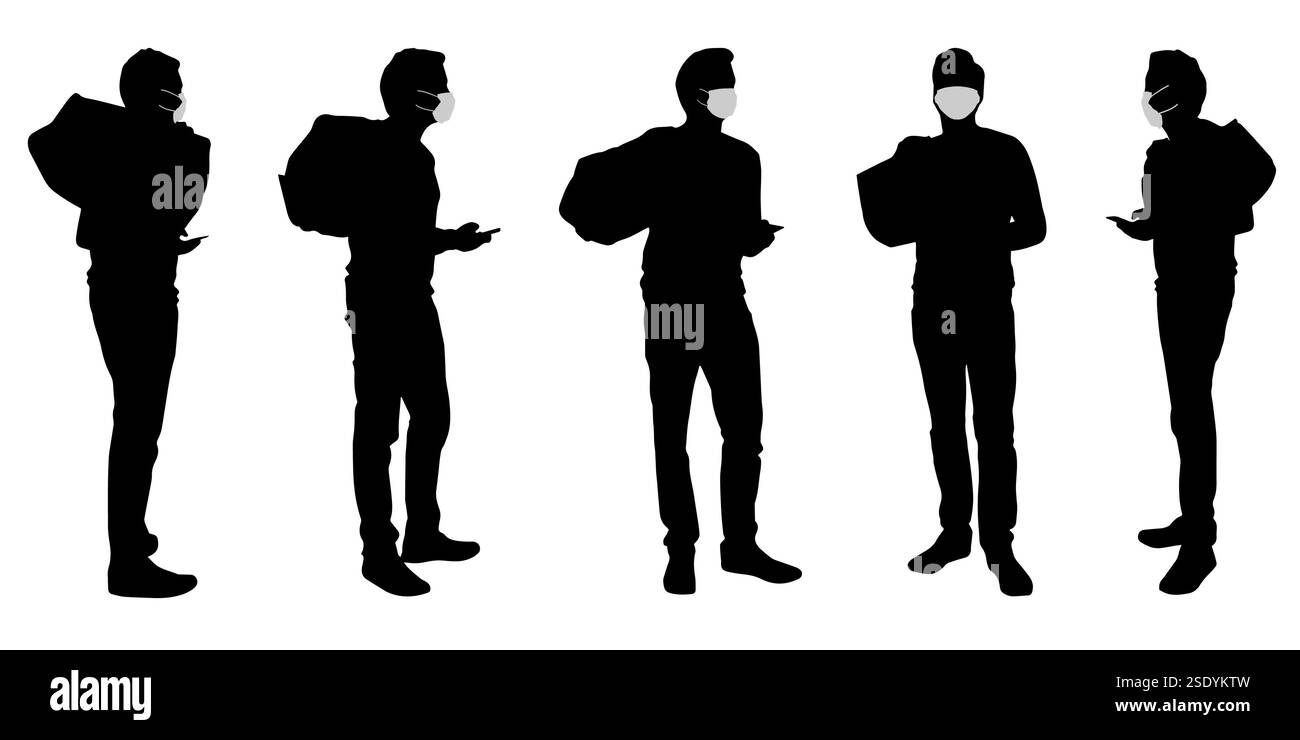 Concetto vettoriale silhouette concettuale uomini che viaggiano mentre distanziano sociale come mezzo di prevenzione e protezione contro la contaminazione da coronavirus. Illustrazione Vettoriale