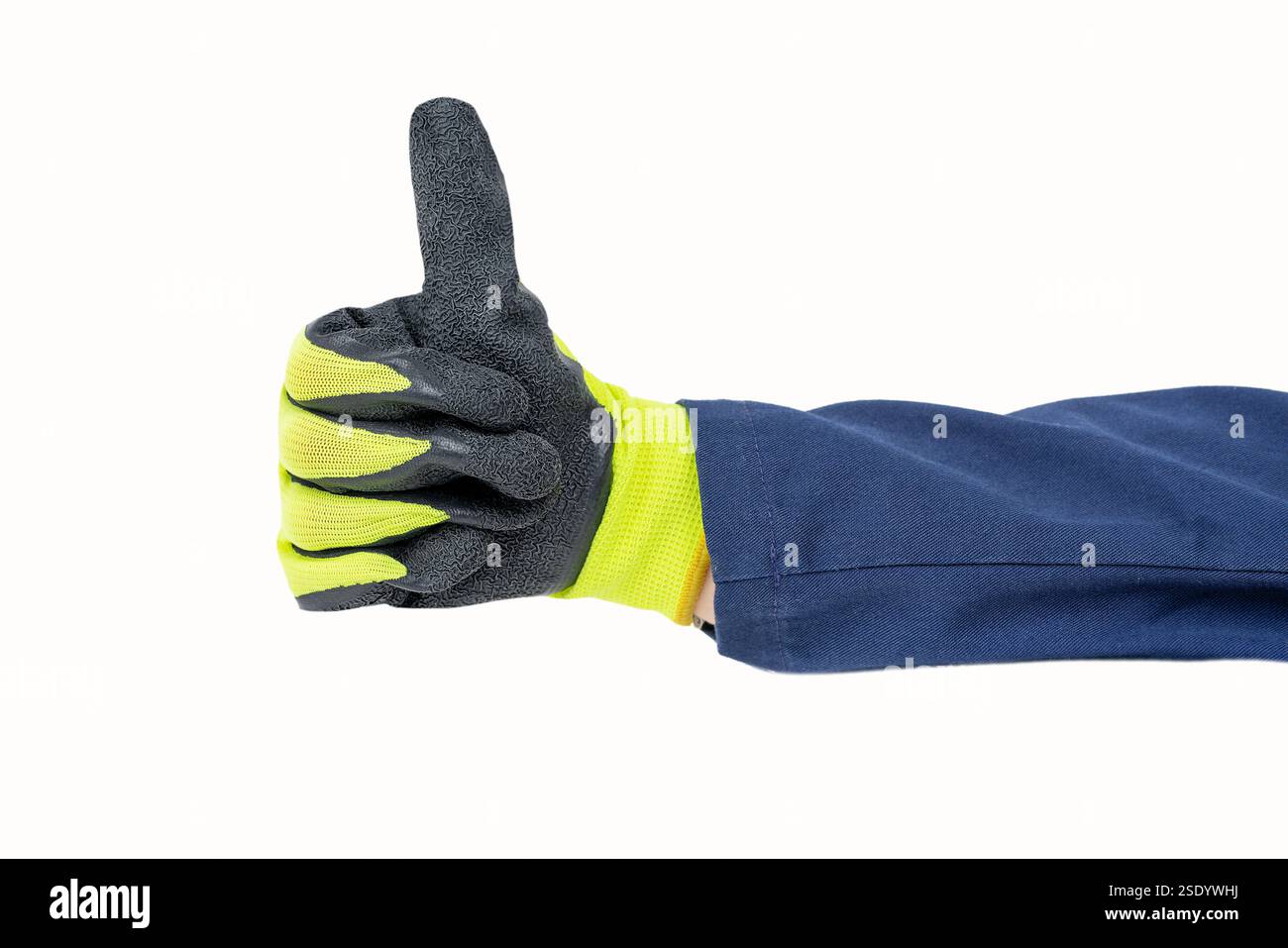 Foto di un tuttofare che gestiva il pollice con un guanto giallo e nero scuro e isolato su sfondo bianco Foto Stock