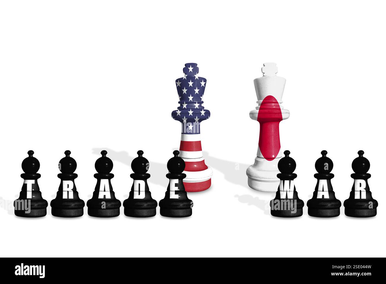 Scacchi fatti da bandiere statunitensi e giapponesi su sfondo bianco con GUERRA COMMERCIALE Foto Stock