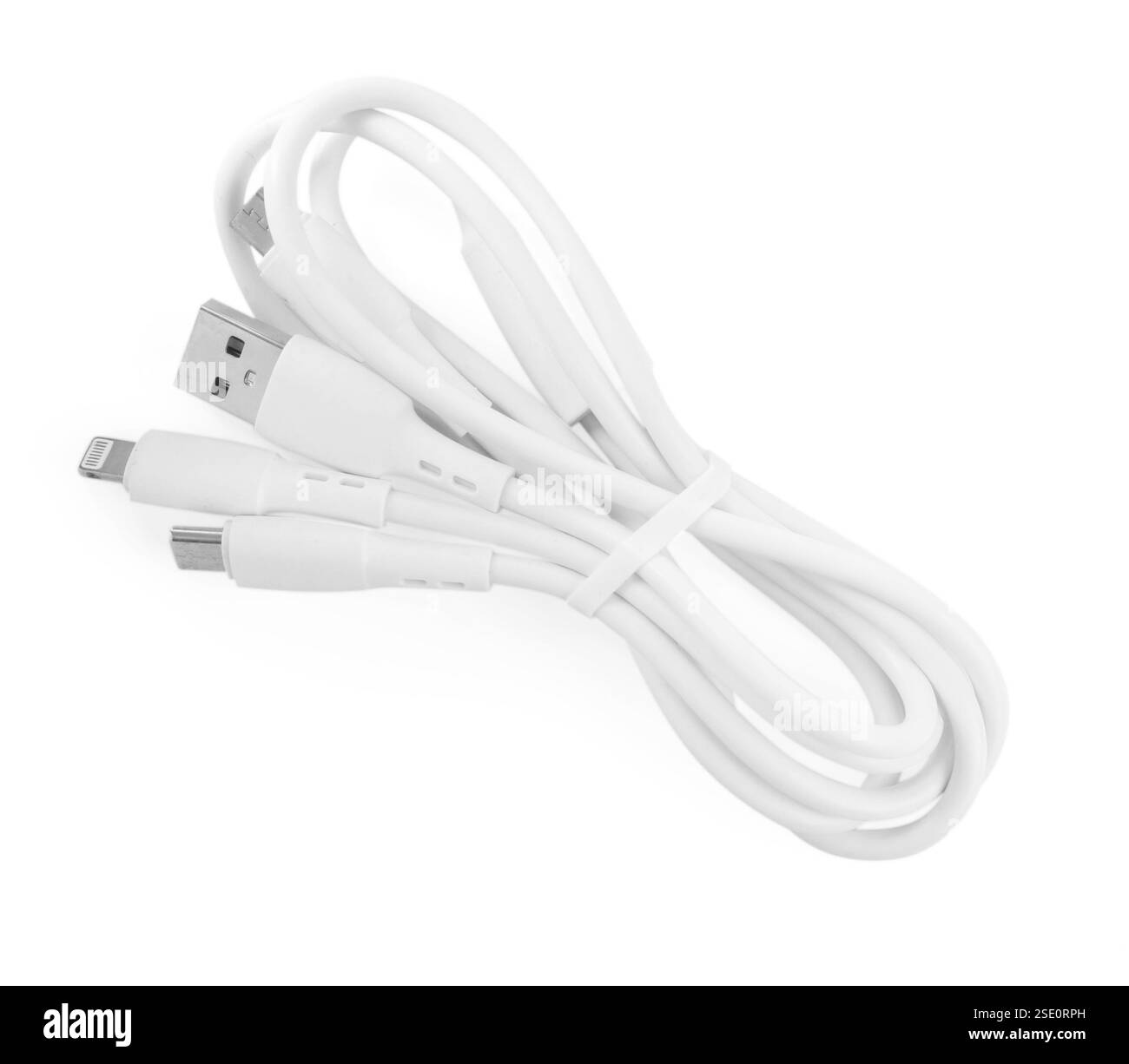 Cavo di ricarica triplo isolato su bianco, vista dall'alto Foto Stock
