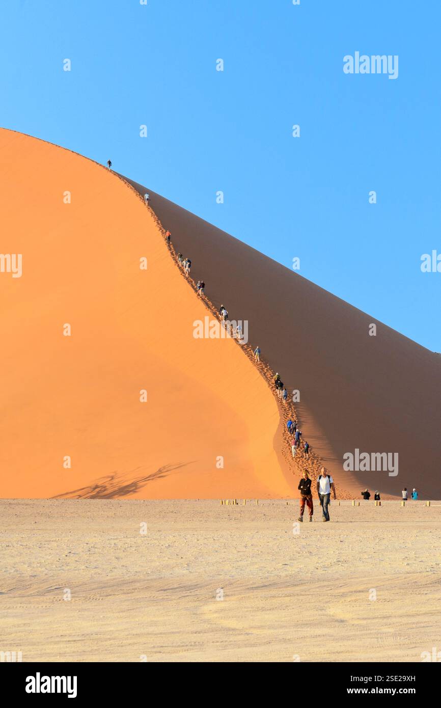 Persone che scalano la Dune 45, una duna di sabbia gigante, sulla strada tra Sossusvlei e Dead Vlei nel Namib-Nuakluft Park, deserto del Namib, Namibia Foto Stock