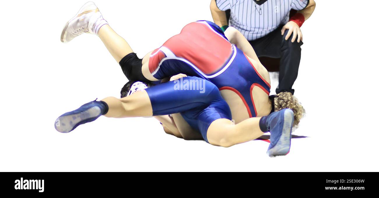 Due lottatori si impegnano in una partita competitiva. Foto Stock