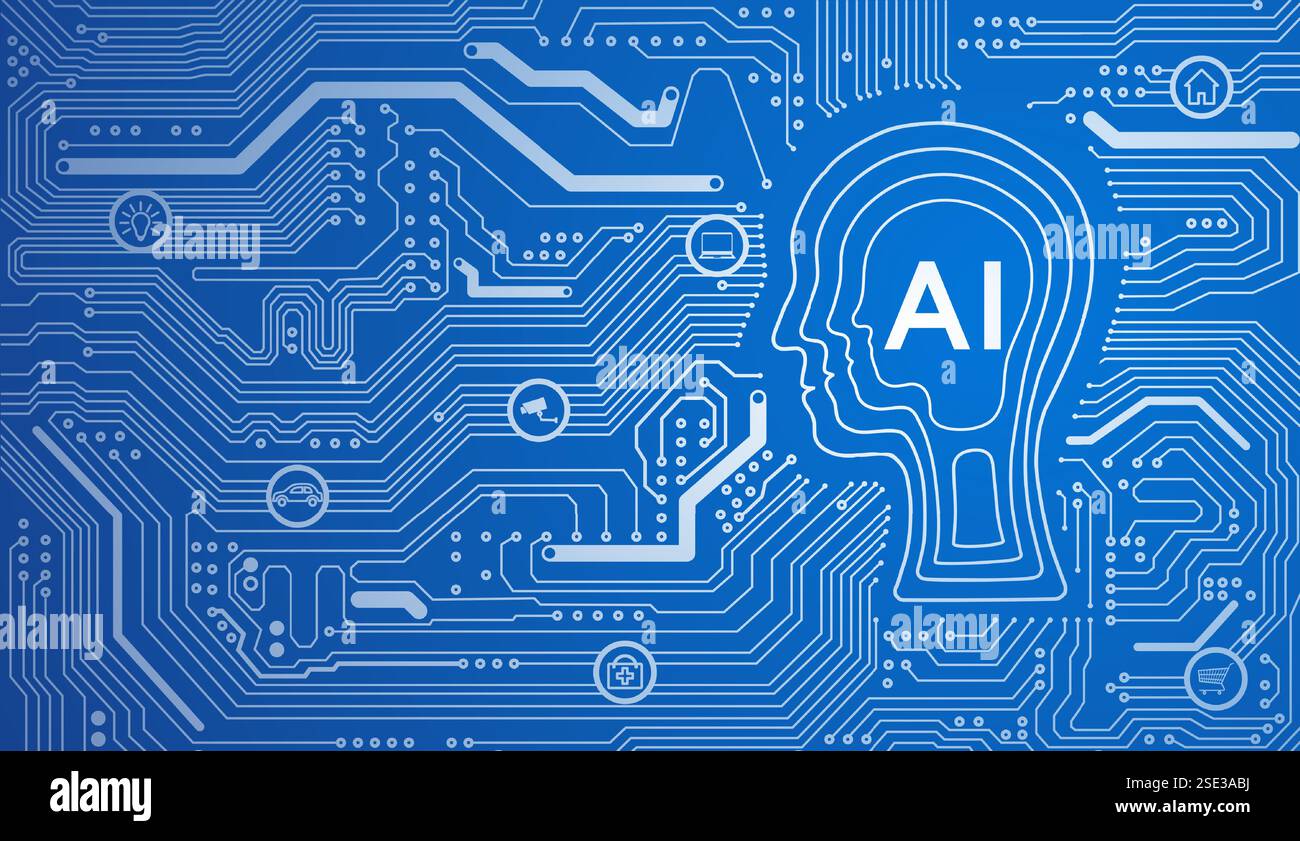 Logo AI nella silhouette di una testa umana su uno sfondo blu del circuito stampato Illustrazione Vettoriale