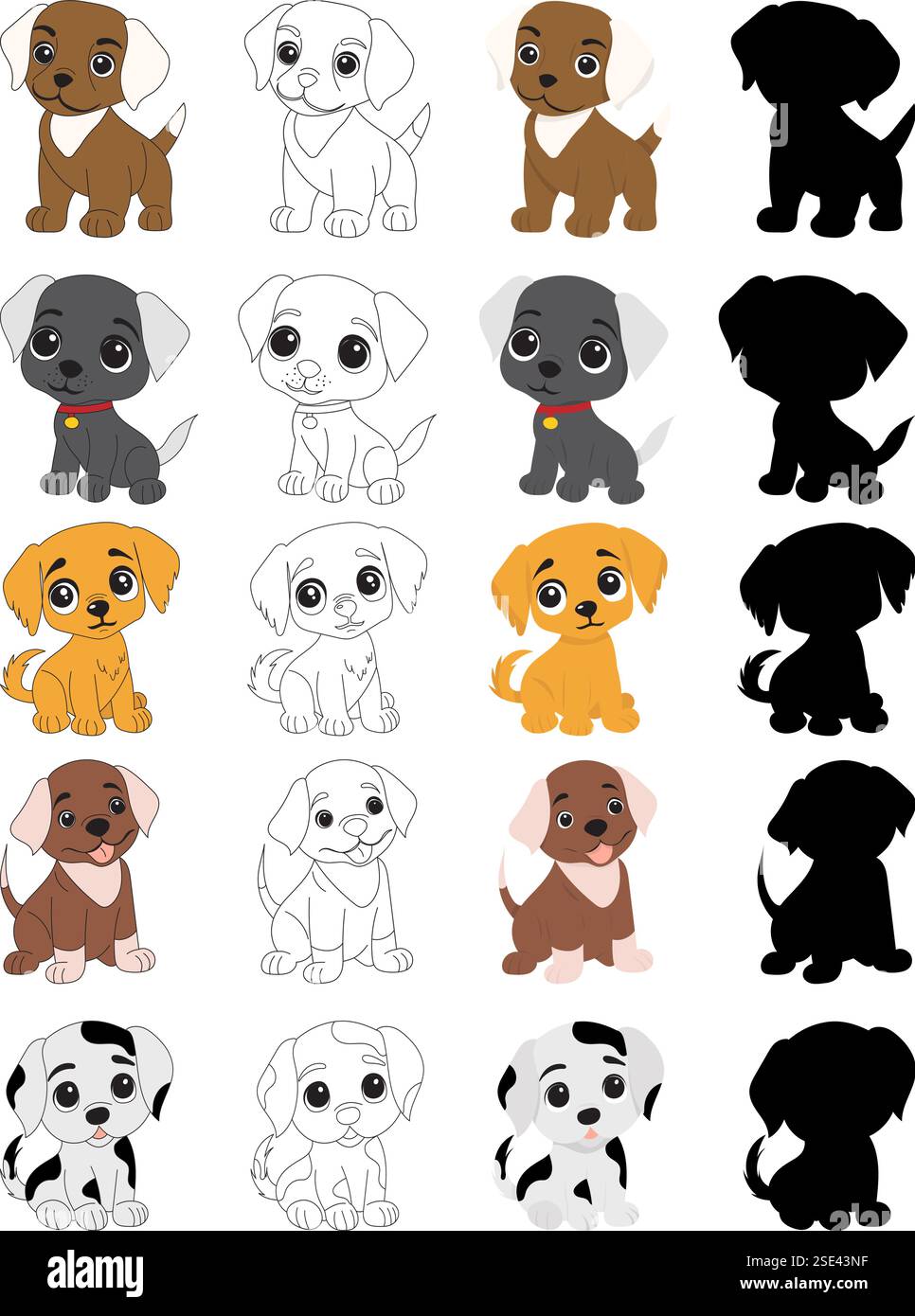 set di cuccioli, libri da colorare per cani isolati, vettoriali Illustrazione Vettoriale