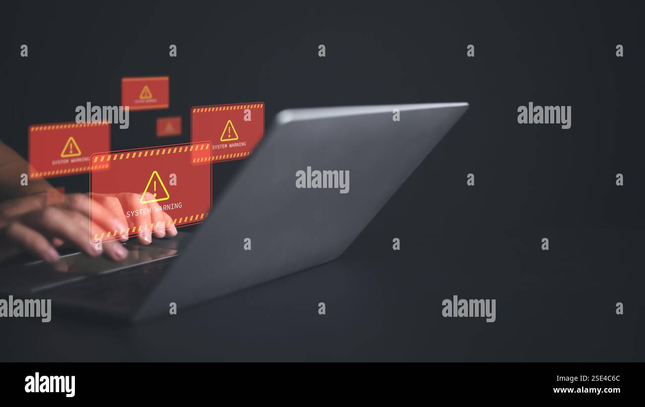 Segnale di avviso di sistema per la notifica, attacco informatico alla rete di computer, avviso di attacco informatico al sistema a causa di attacco informatico alla rete di computer, protezione dei dati, Foto Stock