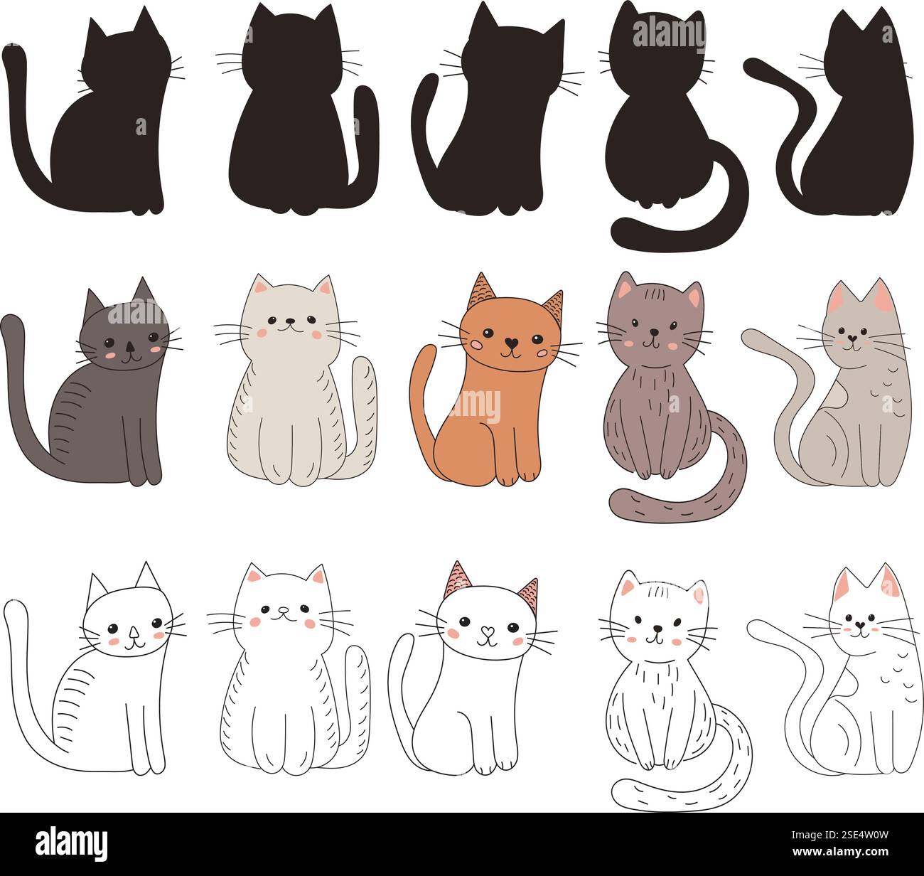set di gatti, gattini in stile doodle, vettoriali Illustrazione Vettoriale