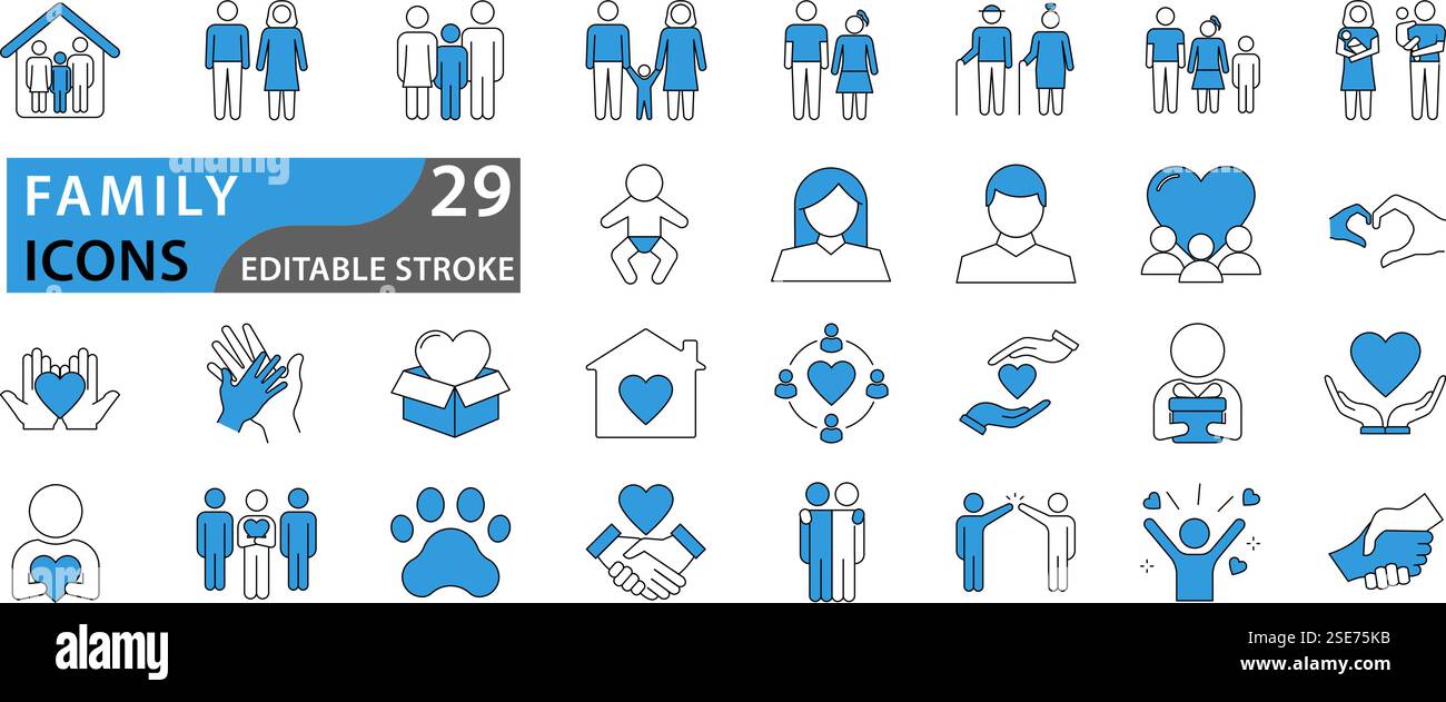 Set di icone famiglia. Icone vettoriali della famiglia. Contenente genitori, madre, padre, figli, bambino, nonni e icone della famiglia. Imposta raccolta icone. VECTO Illustrazione Vettoriale