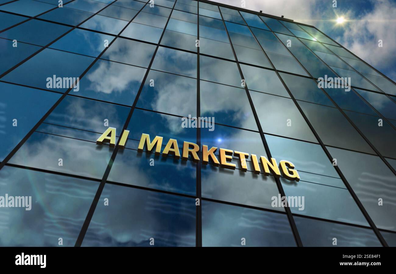Concetto di edificio in vetro per marketing AI. Simbolo commerciale dell'algoritmo di intelligenza artificiale sull'illustrazione 3d della facciata anteriore. Foto Stock