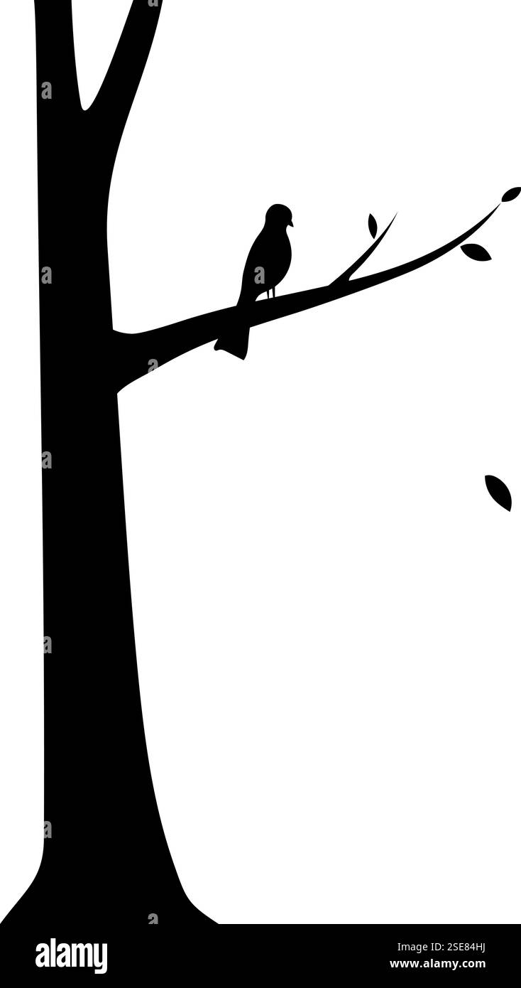 Sagoma di un uccello appollaiato su un ramo ad albero, modificabile Illustrazione Vettoriale