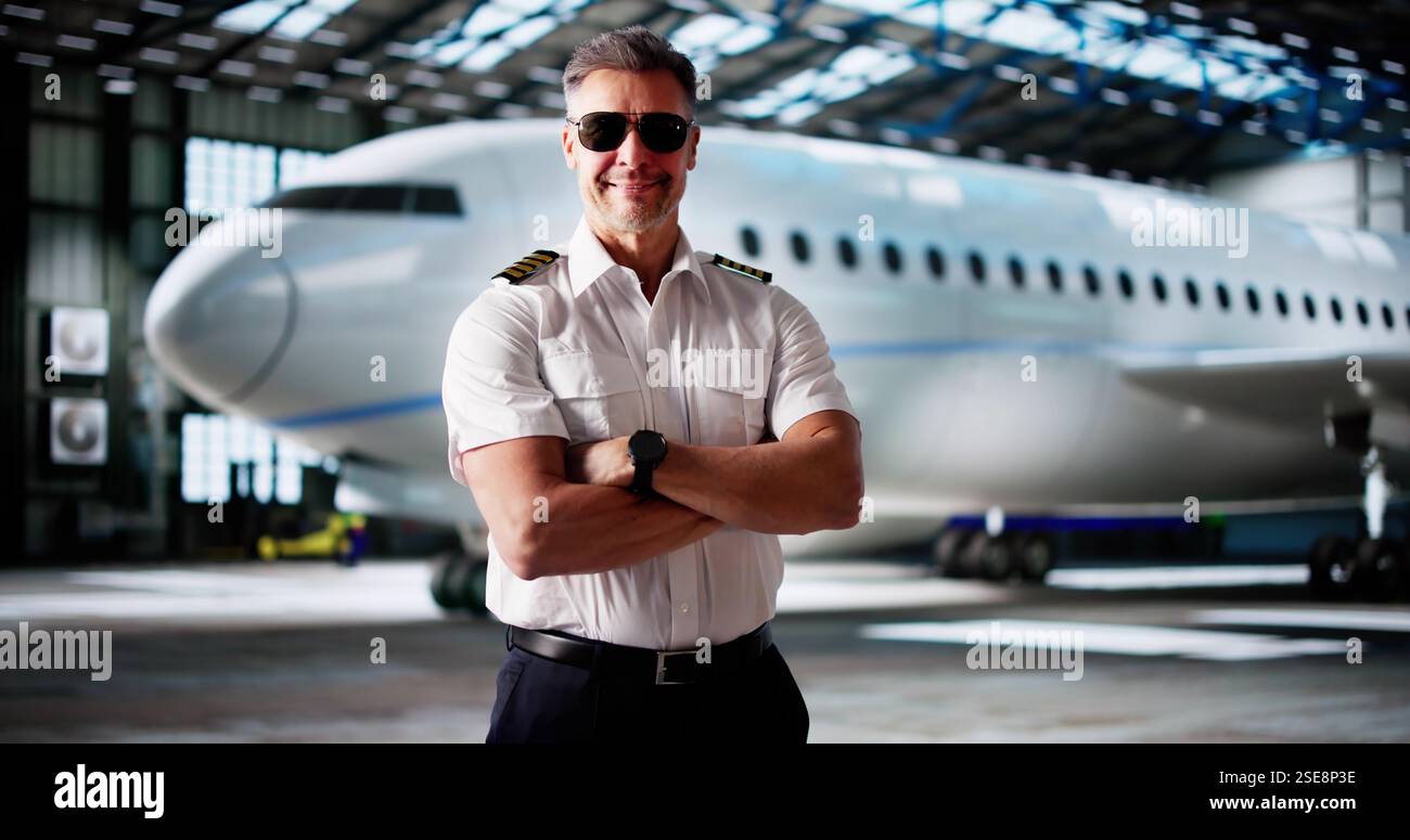 Pilota di aereo che lavora per la compagnia aerea. Capitano all'aeroporto Foto Stock