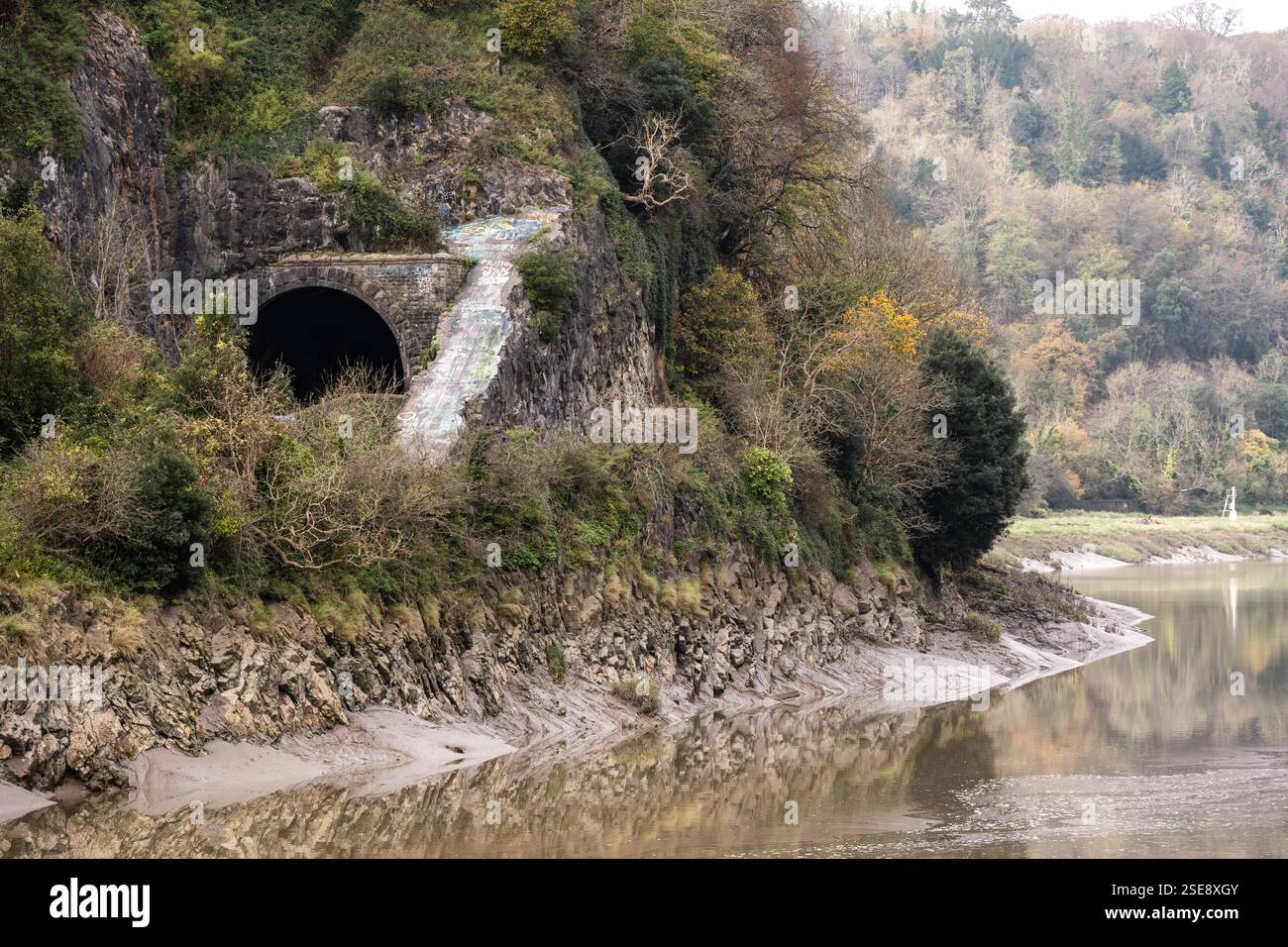 La ferrovia Portishead attraversa le scogliere sotto Leigh Woods accanto all'estuario del fiume Avon nella Avon Gorge di Bristol. Foto Stock
