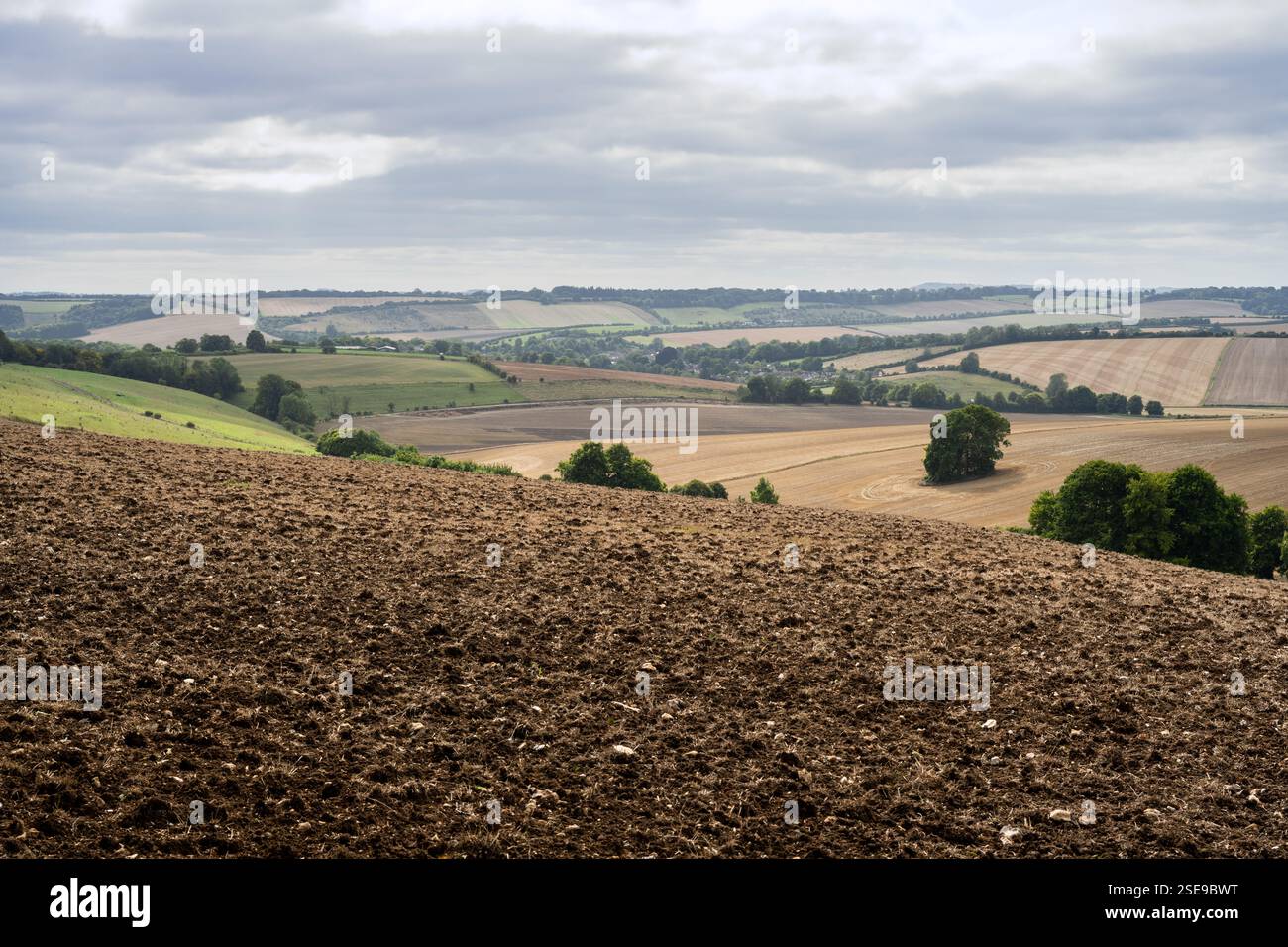 Il villaggio di Aldbourne è annidato tra campi coltivati in una valle tra le dolci colline del North Wessex Downs nel Wiltshire, Inghilterra. Foto Stock