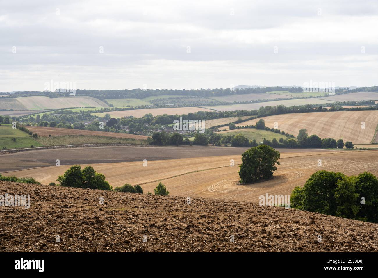 Il villaggio di Aldbourne è annidato tra campi coltivati in una valle tra le dolci colline del North Wessex Downs nel Wiltshire, Inghilterra. Foto Stock