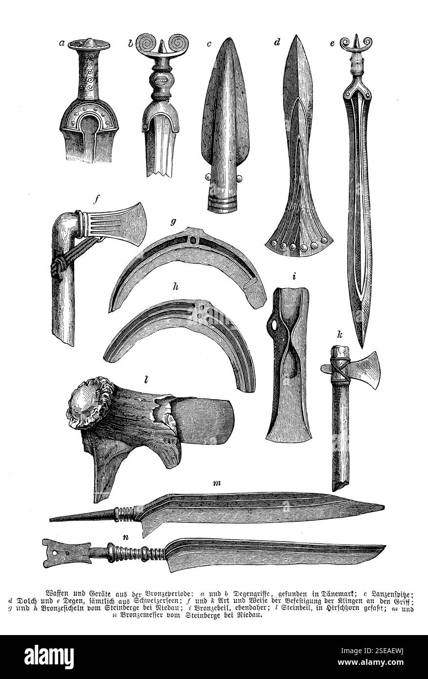Armi e strumenti dell'età del bronzo: Spade da attacco, lance, pugnali provenienti dalla Danimarca, laghi svizzeri, Germania e Austria Foto Stock