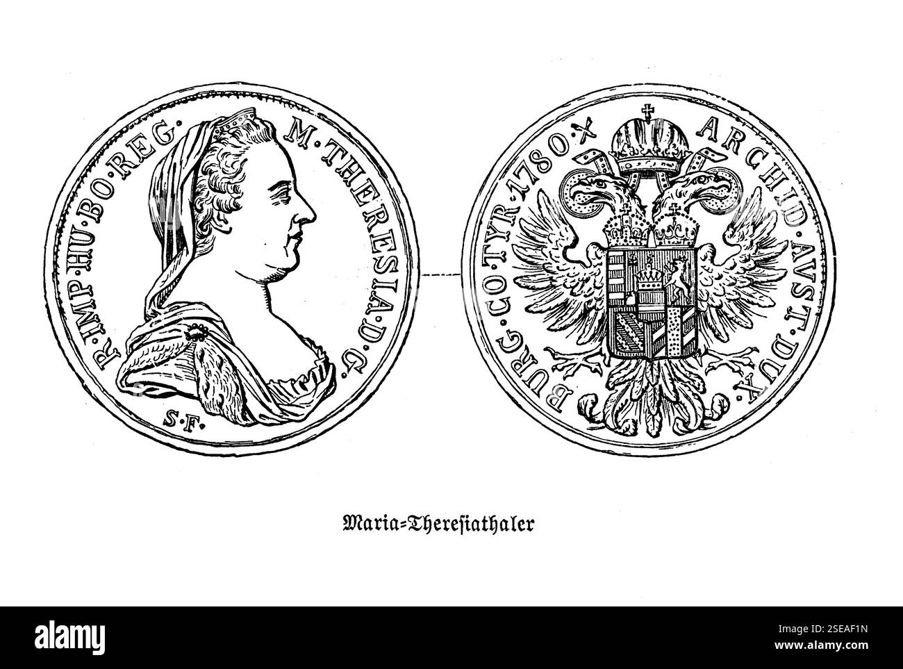 Maria Teresa tallero di Maria Teresa Sacra Romana Imperatrice, moneta d'argento con il ritratto dell'imperatrice e lo stemma asburgico coniato per la prima volta nel 1741 e utilizzato nel commercio mondiale come moneta commerciale ufficiale. Foto Stock