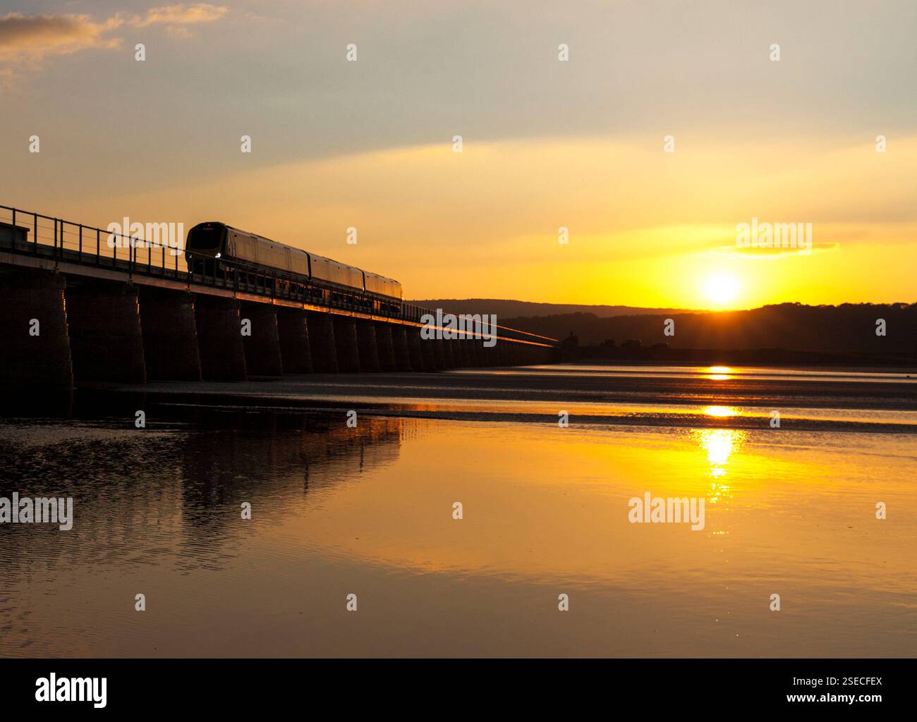 Northern Rail classe CAF 195 treno che attraversa Arnside viadotto attraverso L'estuario del fiume Kent sulla panoramica ferrovia della costa della Cumbria linea Foto Stock