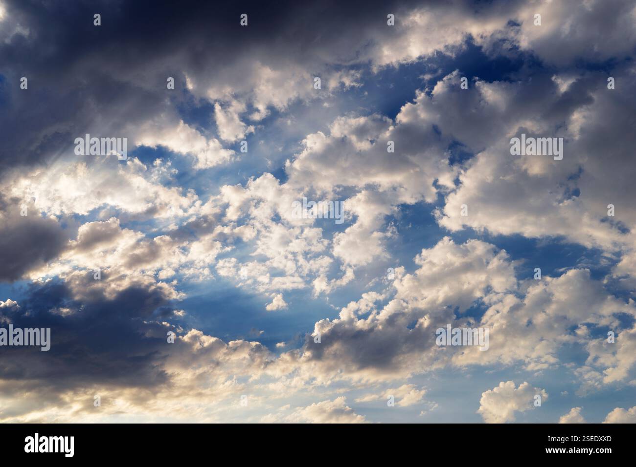 Tempesta epica e drammatica, cuoio e violetto, nuvole di pioggia su sfondo blu, temporale. Foto Stock