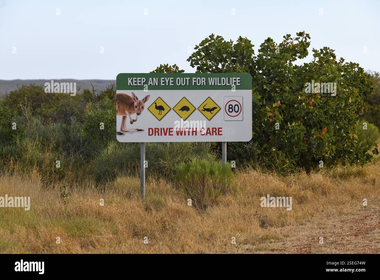 Cartello stradale attenzione alla fauna selvatica, vicino a Exmouth, Australia Occidentale, Australia, Oceania Foto Stock