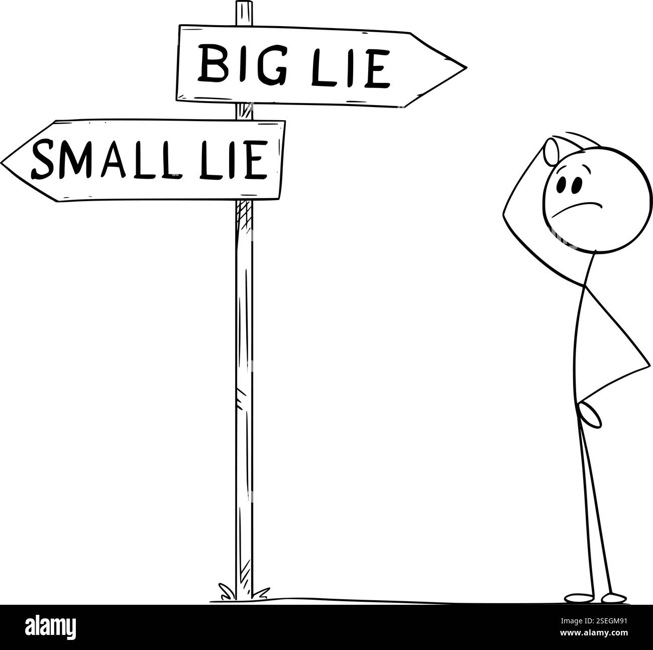 Persona al bivio che sceglie tra bugia grande e piccola, personaggio vettoriale o illustrazione del personaggio. Illustrazione Vettoriale
