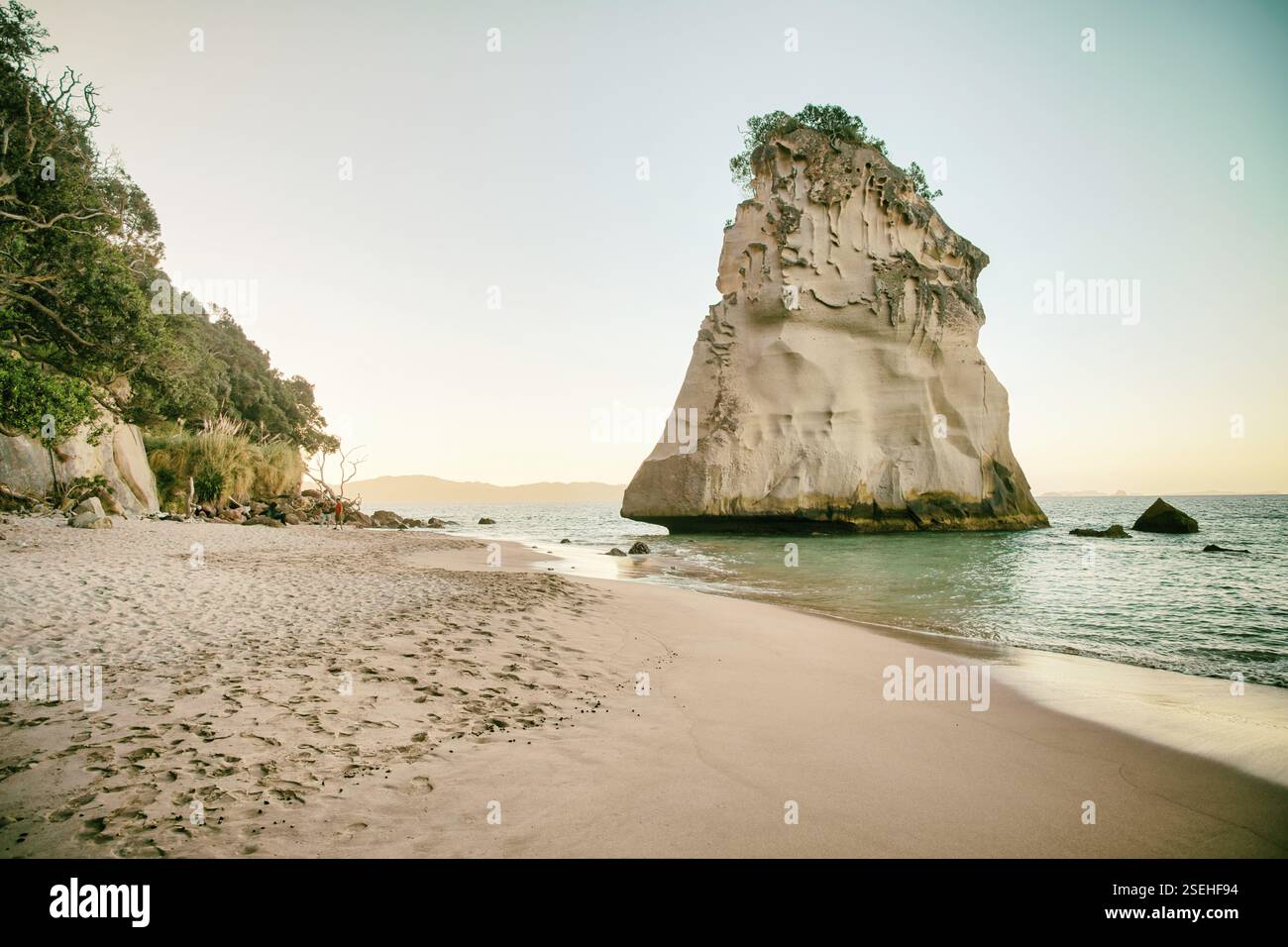 Incredibile roccia di te HOHO al tramonto, riserva marina di Cathedral Cove, penisola di Coromandel, nuova Zelanda, Oceania Foto Stock