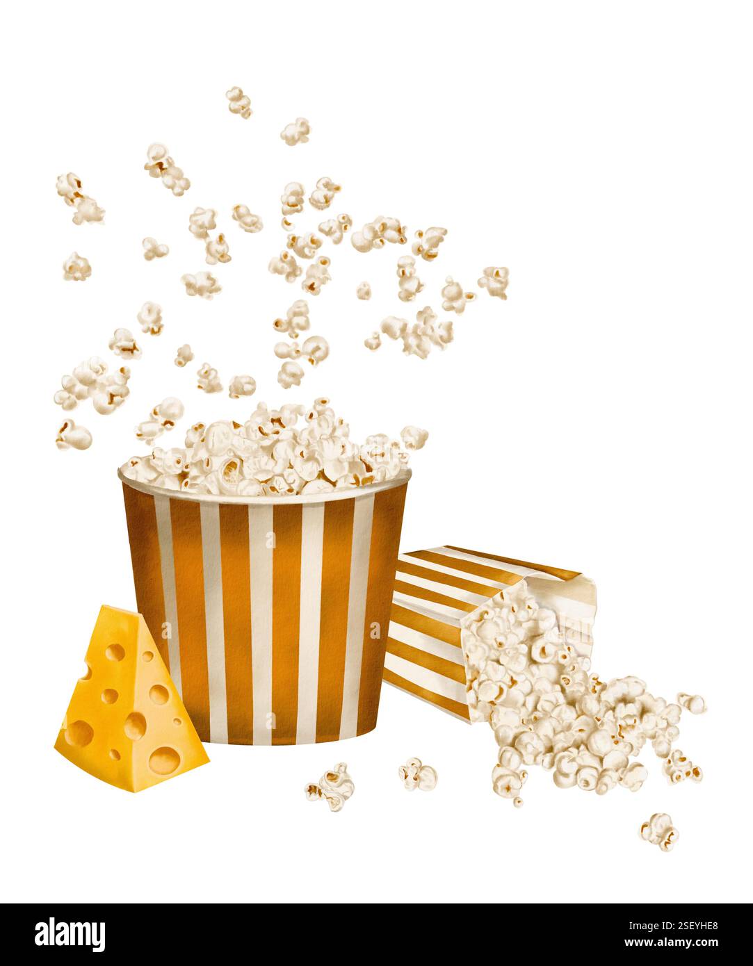 Popcorn in confezioni dorate. Stoviglie in carta retrò per spuntini. Popcorn con cheesePopcorn fuoriuscito da un sacchetto di carta. Classico stile retrò per Foto Stock