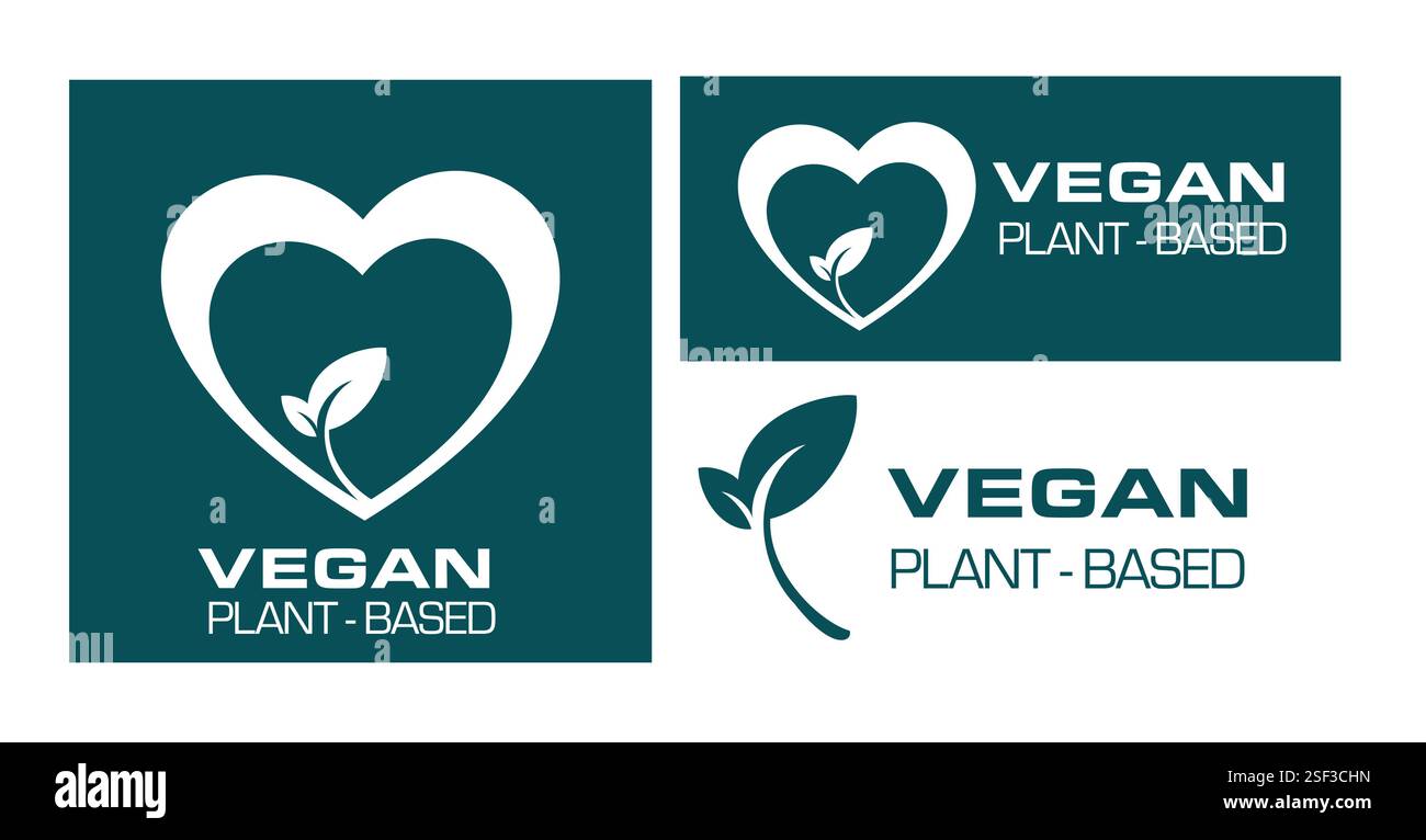 Design del logo vegetale Vegan con motivo ecologico a forma di cuore e foglia per il branding, i prodotti biologici e il marketing aziendale sostenibile Illustrazione Vettoriale