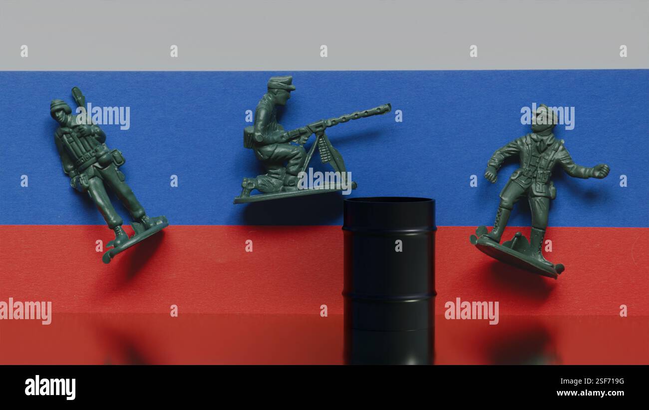 Modello 3D di una canna nera sullo sfondo della bandiera russa e dei soldati di plastica per bambini, politica aggressiva e guerra, sanzioni sul petrolio Foto Stock