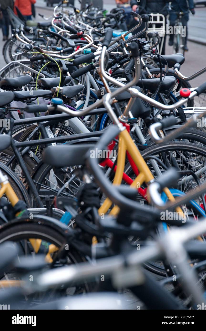 Parcheggio per biciclette sul marciapiede con molte biciclette colorate Foto Stock