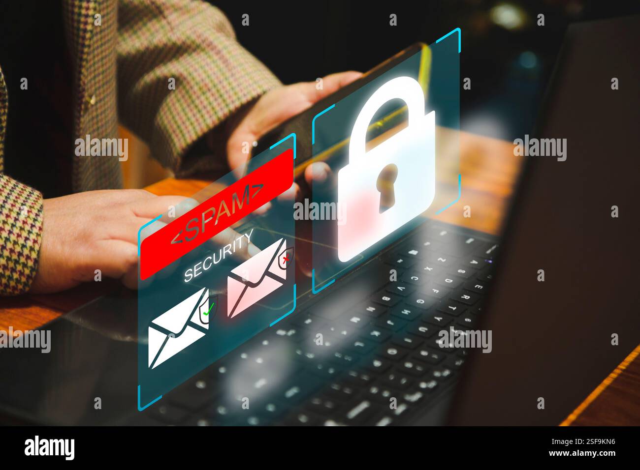 Avviso posta in arrivo e virus spam con avviso, avviso di protezione e-mail, nuovo concetto di notifica e-mail e comunicazione via Internet, tecnologia e-mail Foto Stock