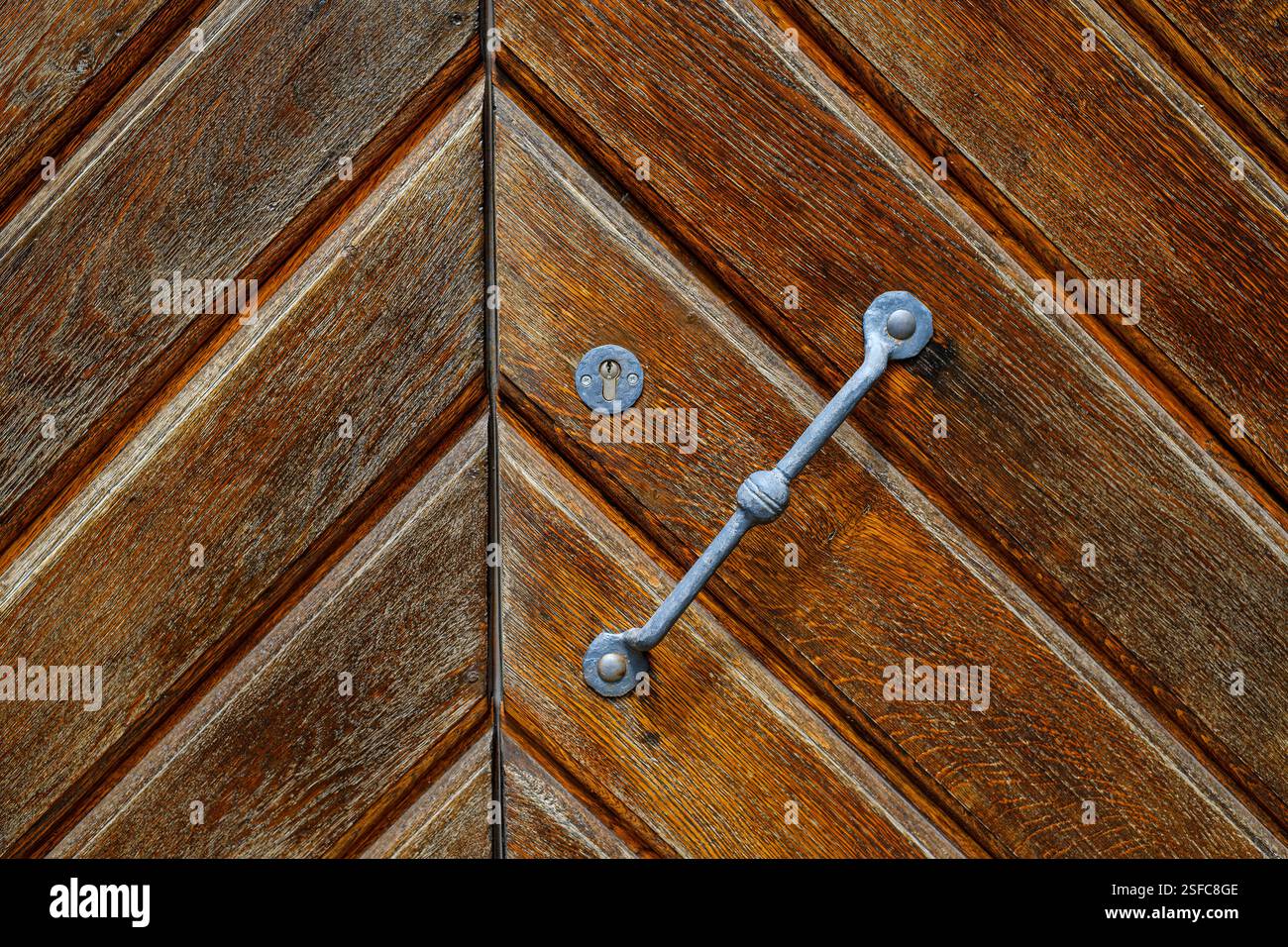Dettaglio di una storica porta in legno incorniciata in ferro nella parete esterna del Palazzo Vecchio di Stoccarda, Baden-Württemberg, Germania. Foto Stock