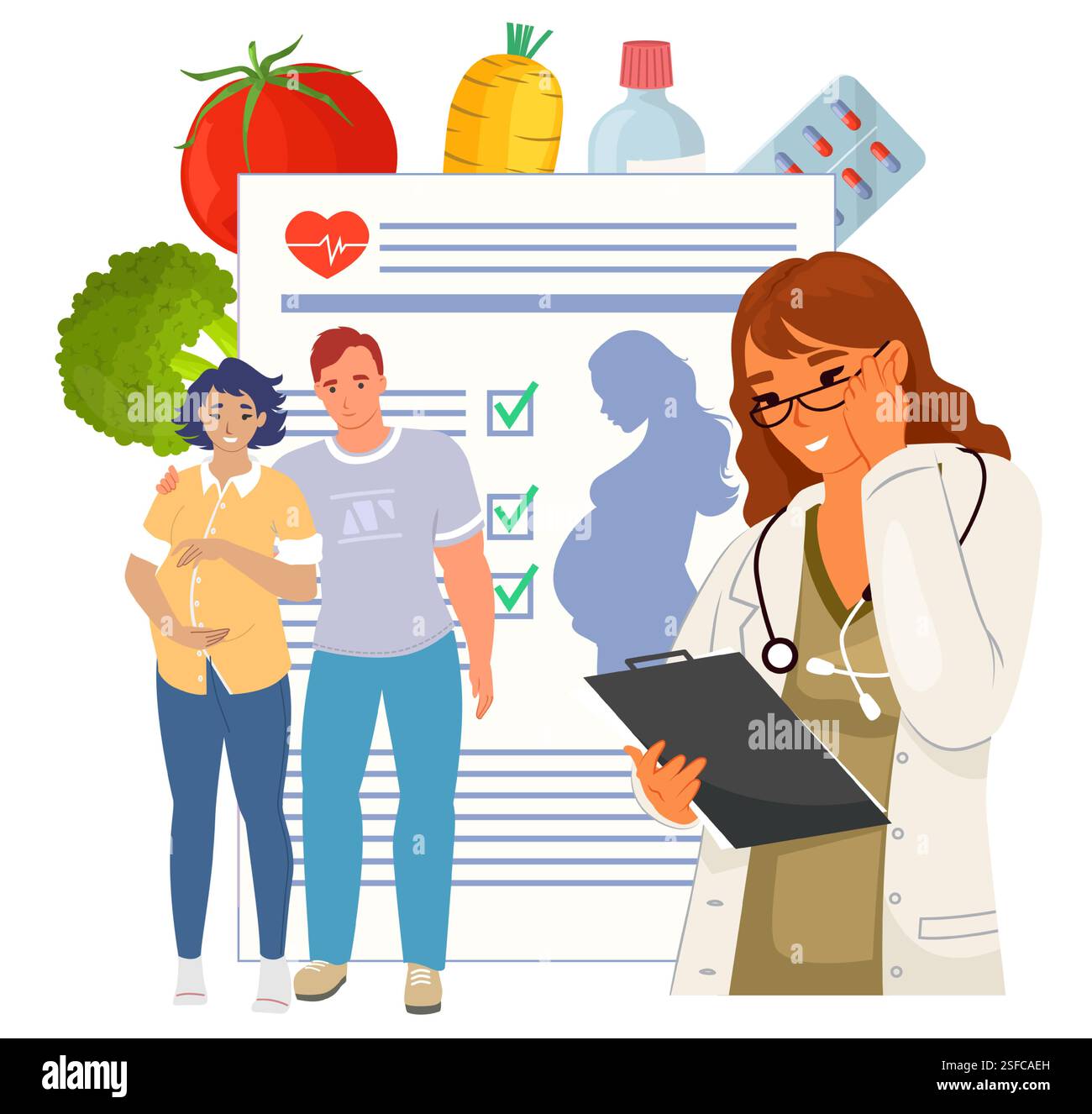 Una coppia cerca la guida di un fornitore di assistenza sanitaria per quanto riguarda il trattamento di gravidanza e la nutrizione. Discutono varie scelte alimentari salutari come Illustrazione Vettoriale