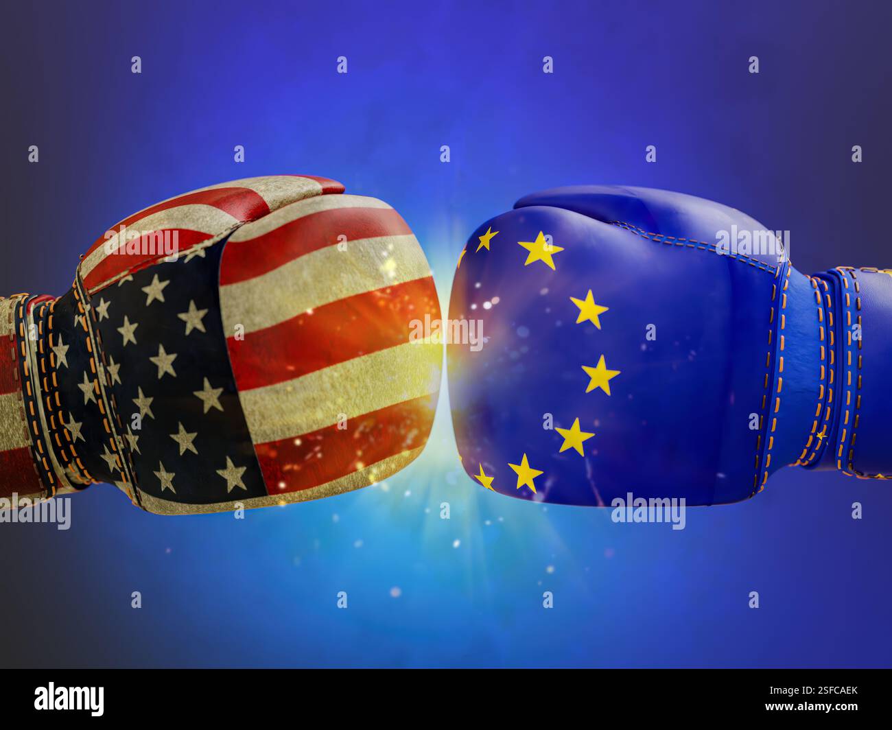 Due coloratissimi guanti da boxe con scintille rappresentano un conflitto metaforico di potere e di commercio tra Stati Uniti e paesi dell'Unione europea Foto Stock