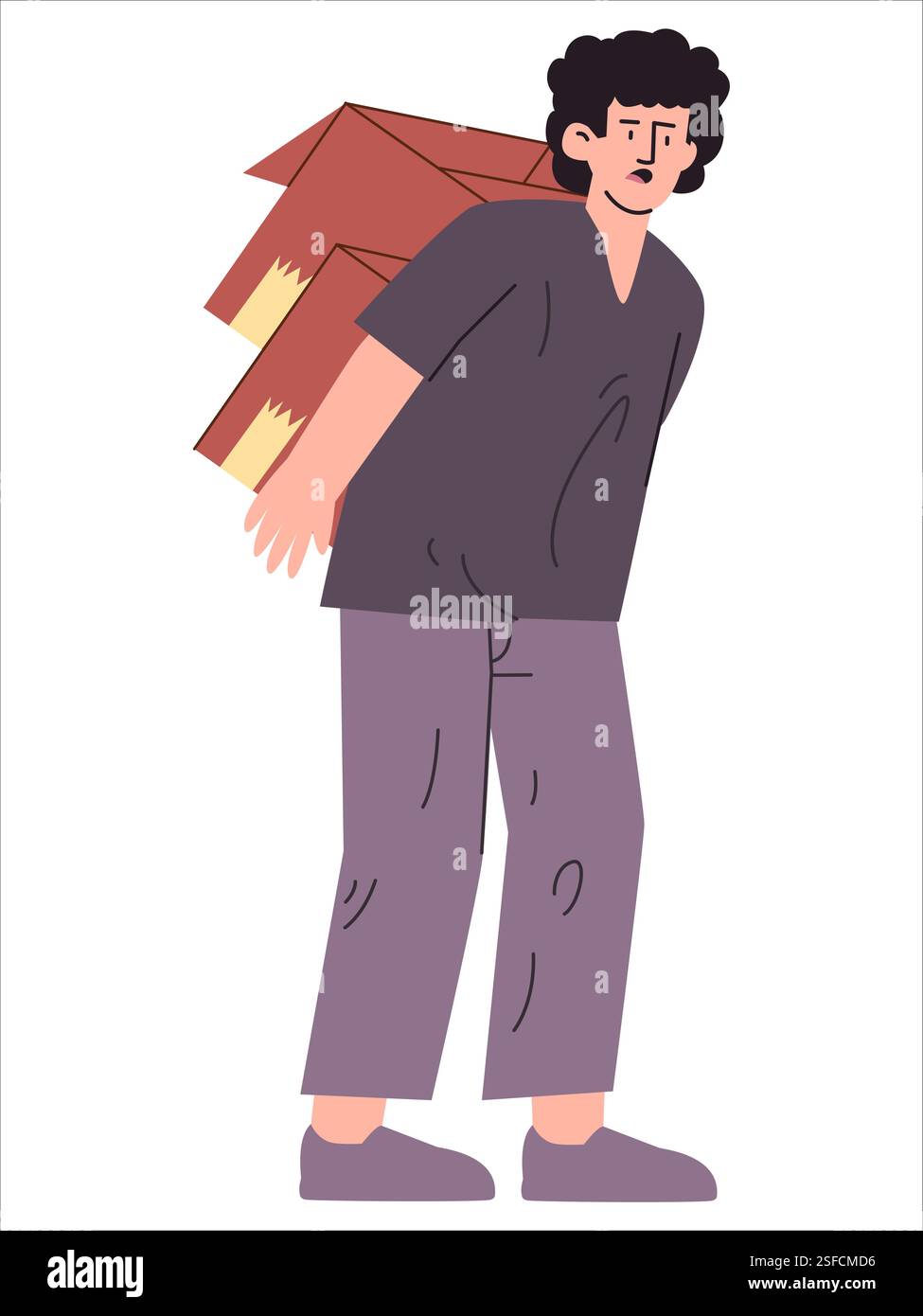 Povero uomo che trasporta scatole condizione di povertà carattere senzatetto maschio mendicante strappi senza lavoro vestiti disoccupazione persona miserabile icona design colorato Illustrazione Vettoriale