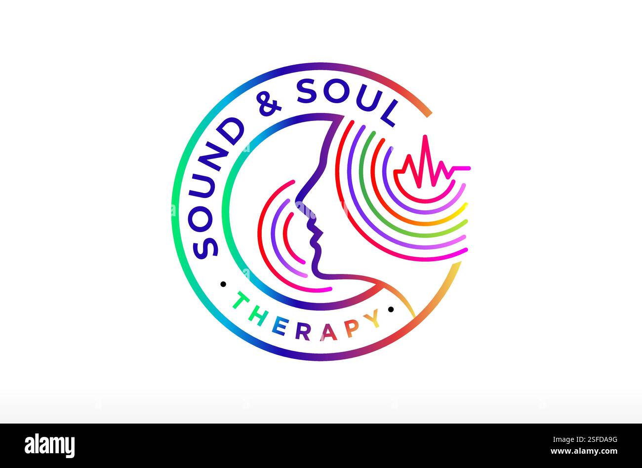 Logo per la terapia del suono e dell'anima umana, logo per le onde sonore, design del logo per la tecnologia del suono, logo per la terapia del cervello, frequenza del battito cardiaco, terapia mentale Illustrazione Vettoriale