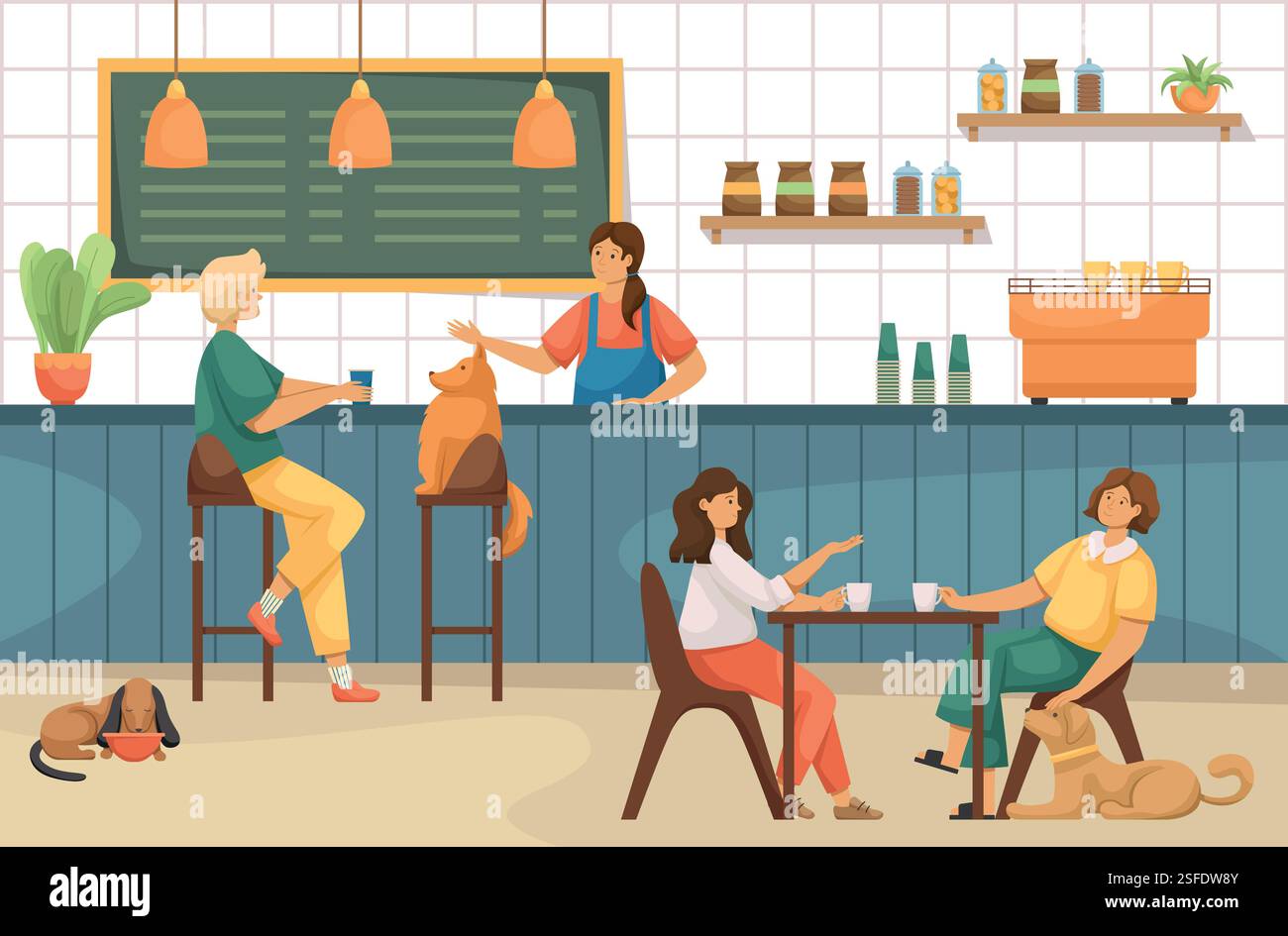 Immagine vettoriale di un bar che accetta cani. Il barista sta sta parlando con un cliente con un cane al bar. Un dachshund mangia il cibo da una ciotola in un caffè. Due fr Illustrazione Vettoriale