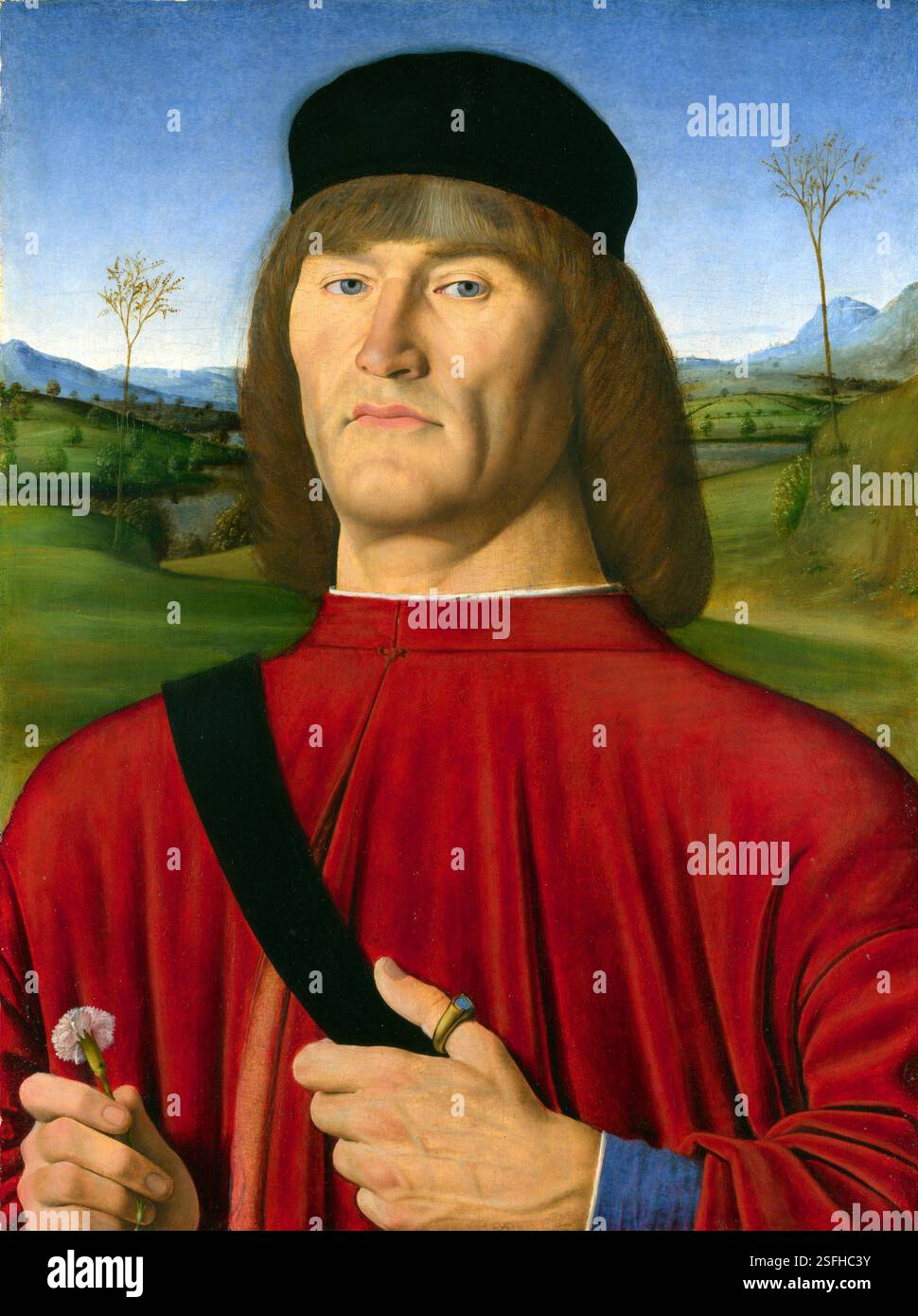 Uomo con garofano rosa, c. 1495 - olio e tempera all'uovo su pioppo; H. 50 cm, W. 39 cm, Galleria Nazionale di Londra Andrea solari Foto Stock