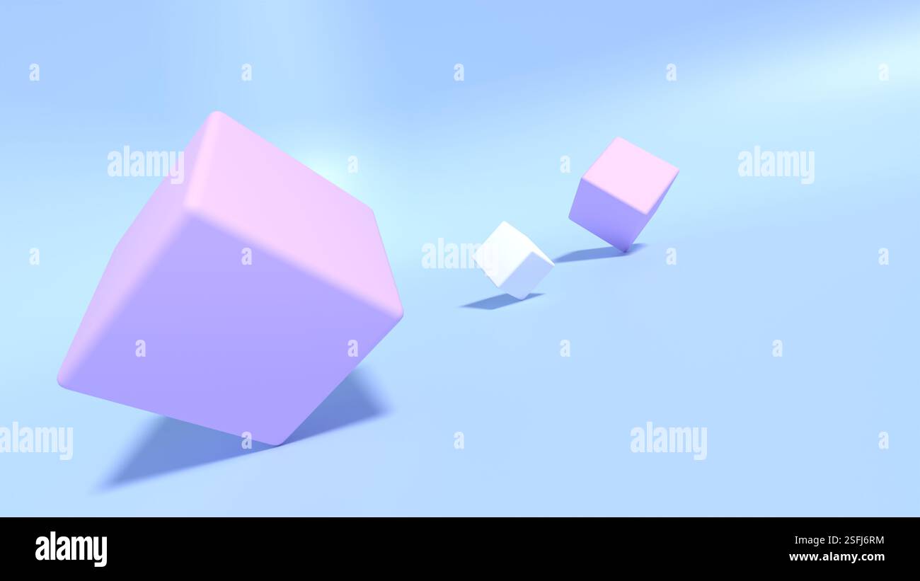 rendering 3d di cubi colorati dinamici. forme rosa e bianche su sfondo blu Foto Stock