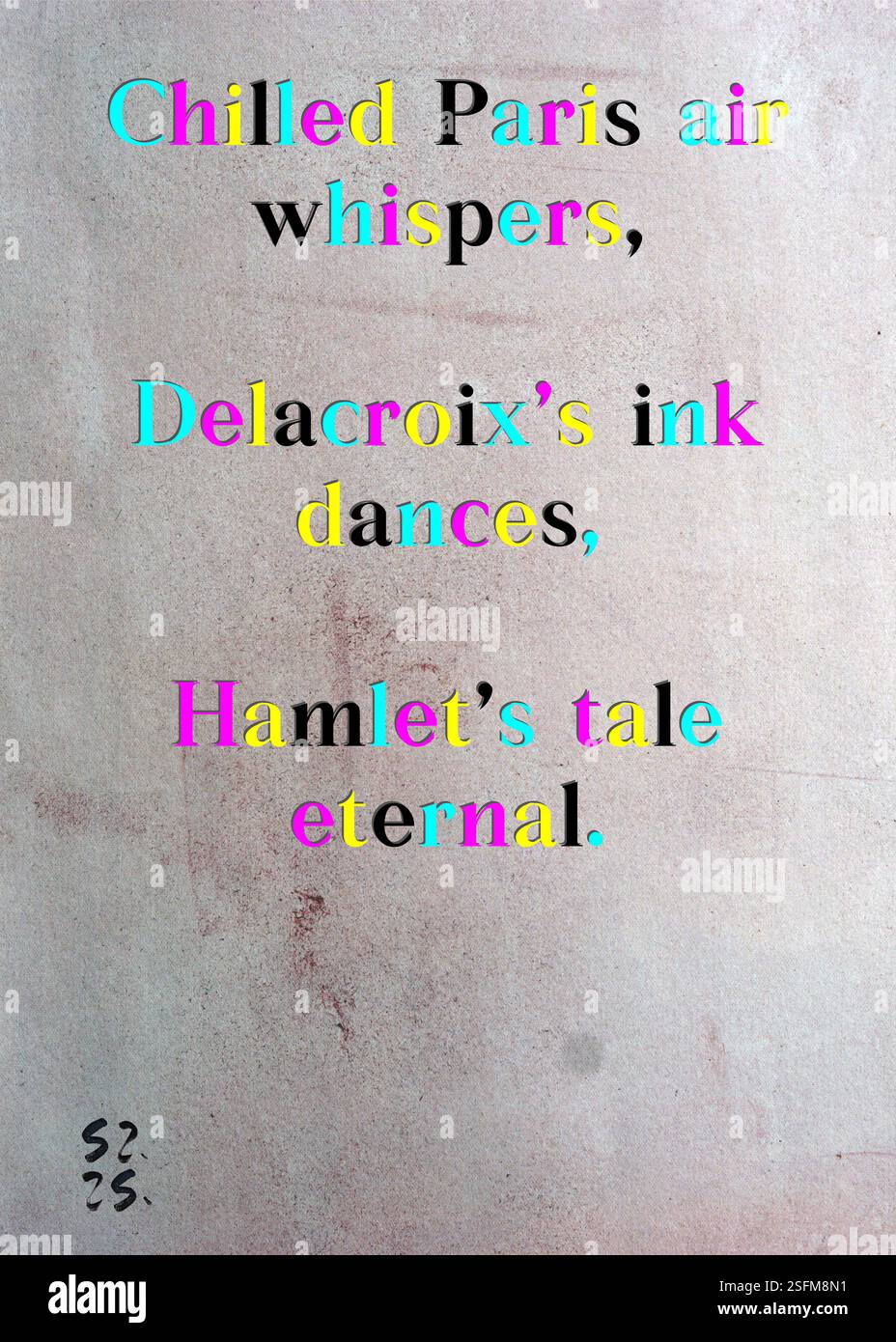 L'aria fresca di Parigi sussurra, le danze d'inchiostro di Delacroix, la storia eterna di Amleto. La Gilda degli scrittori d'argento di Tristram Ashcroft. Arte di Zsuzsa Szikra. Poetry Art Print, Triplumes è una forma poetica unica ispirata al tradizionale haiku, composta da tre righe che catturano momenti di chiarezza, emozione e approfondimento. Nella nostra collezione abbracciamo la libertà del linguaggio, dove la fusione delle parole e la rimozione dei trattini è più di una scelta stilistica: È un modo per trasmettere unità e vicinanza tra le idee, creando un'espressione fluida e compatta che risuona con i ritmi della vita moderna. Foto Stock