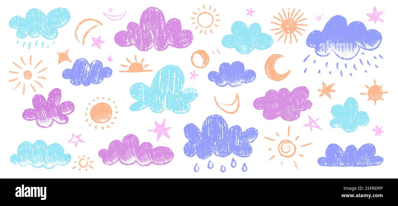 Pastello per bambini. Doodle, bambini, nuvole di sole, pioggia, neve e icone disegnate con gesso del vento, simpatici simboli meteorologici con gesso colorato. colle isolato dal vettore Illustrazione Vettoriale