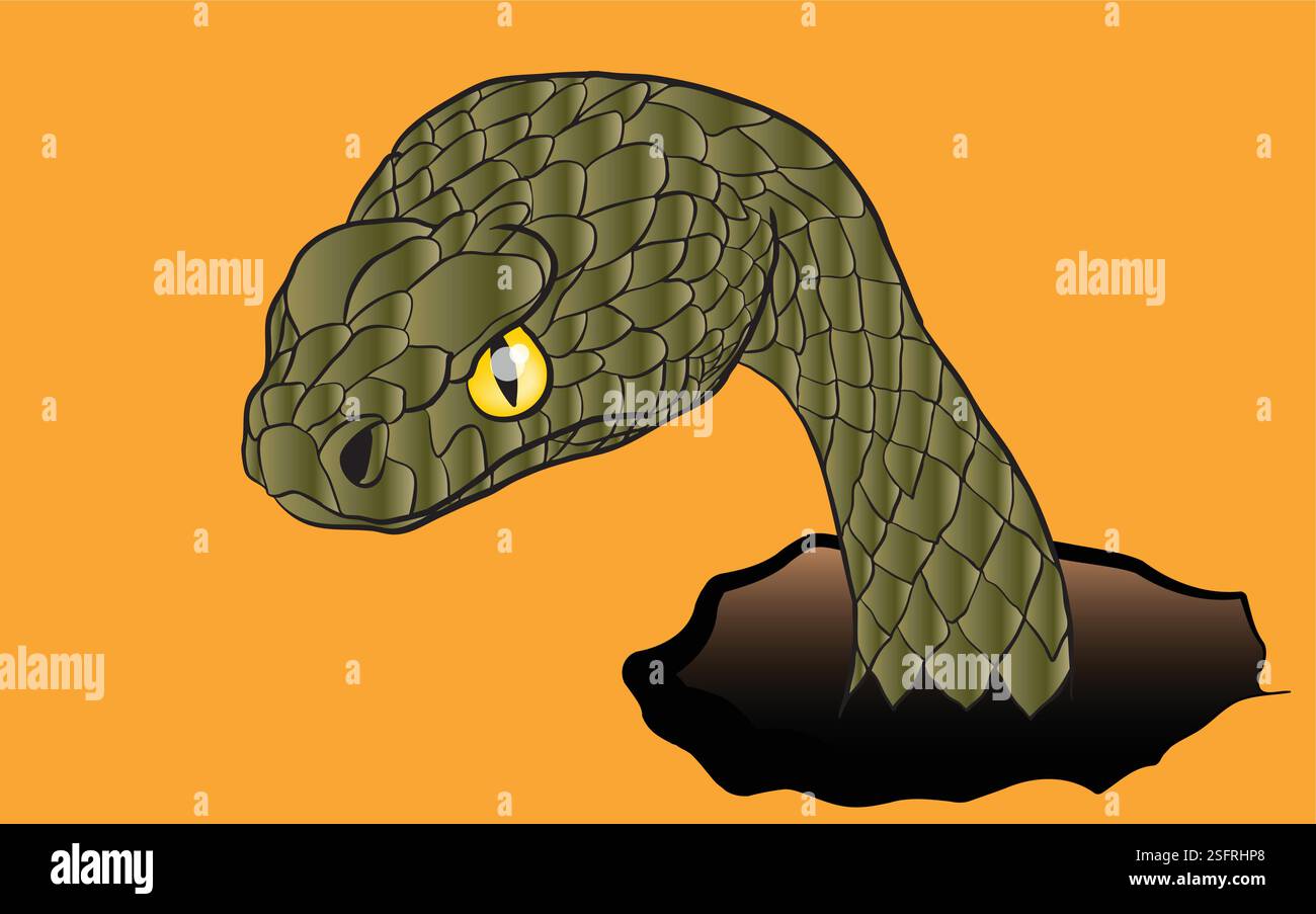 Serpente verde che emerge da un buco con uno sguardo intenso Illustrazione Vettoriale